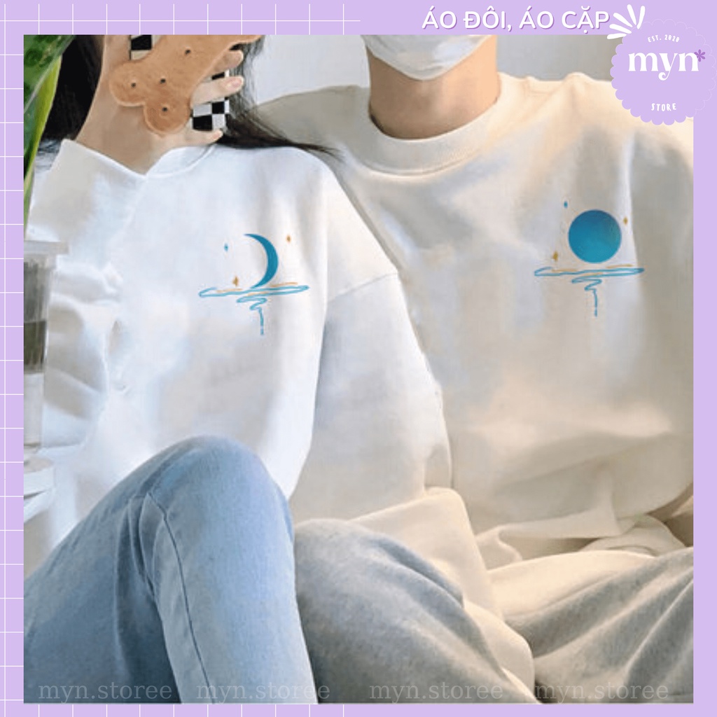 Áo Sweater Nỉ Dày Dặn Cặp Đôi Hình Mặt Trăng Xanh Siêu Đẹp, Áo Sweater Nam Nữ Form Rộng Đủ Size