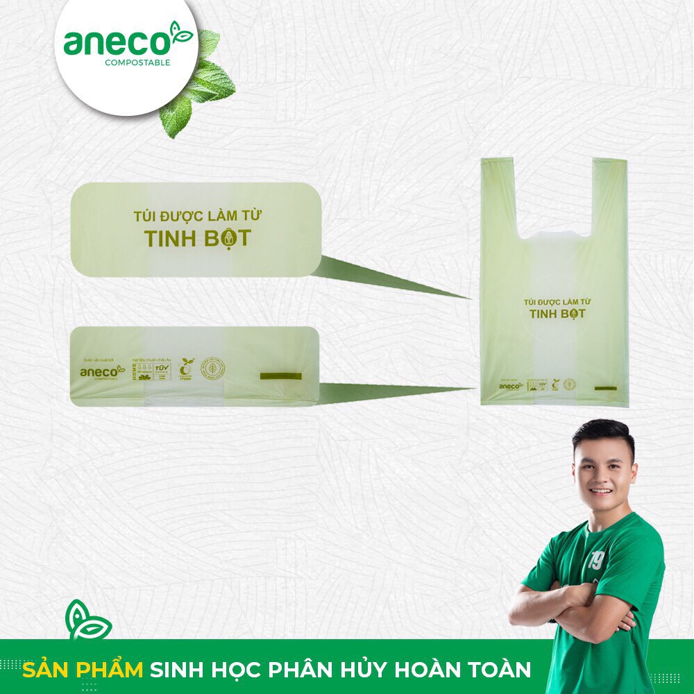 Túi 2 quai phân hủy sinh học Aneco từ tinh bột ngô, ko phải túi nilon nhựa, phân hủy 100% trong 6 tháng