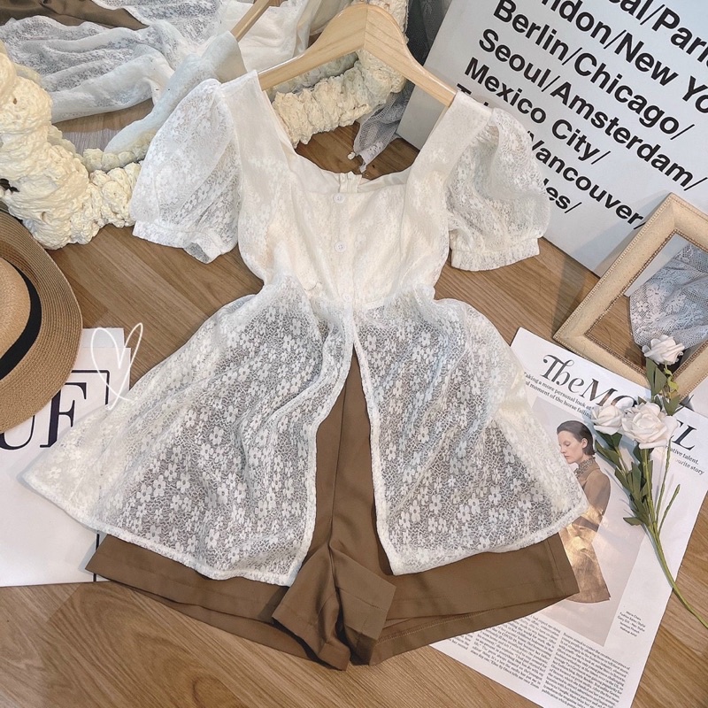 SET ÁO PEPLUM REN XẺ + QUẦN SHORT NÂU
