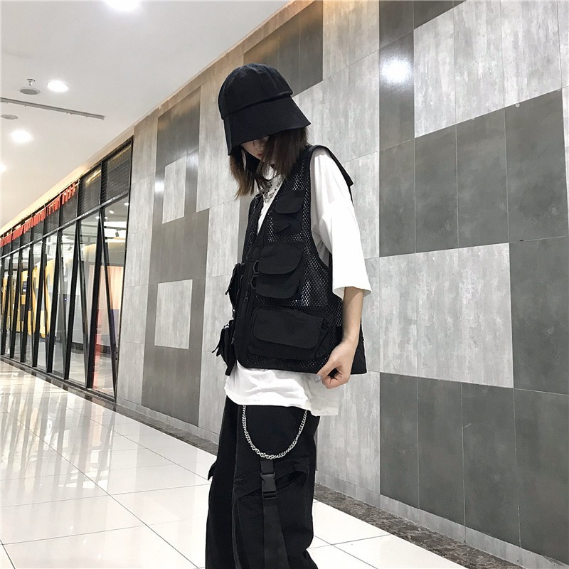 Áo Vest Phối Lưới Nhiều Túi Phong Cách Hip Hop Cá Tính 2021ins