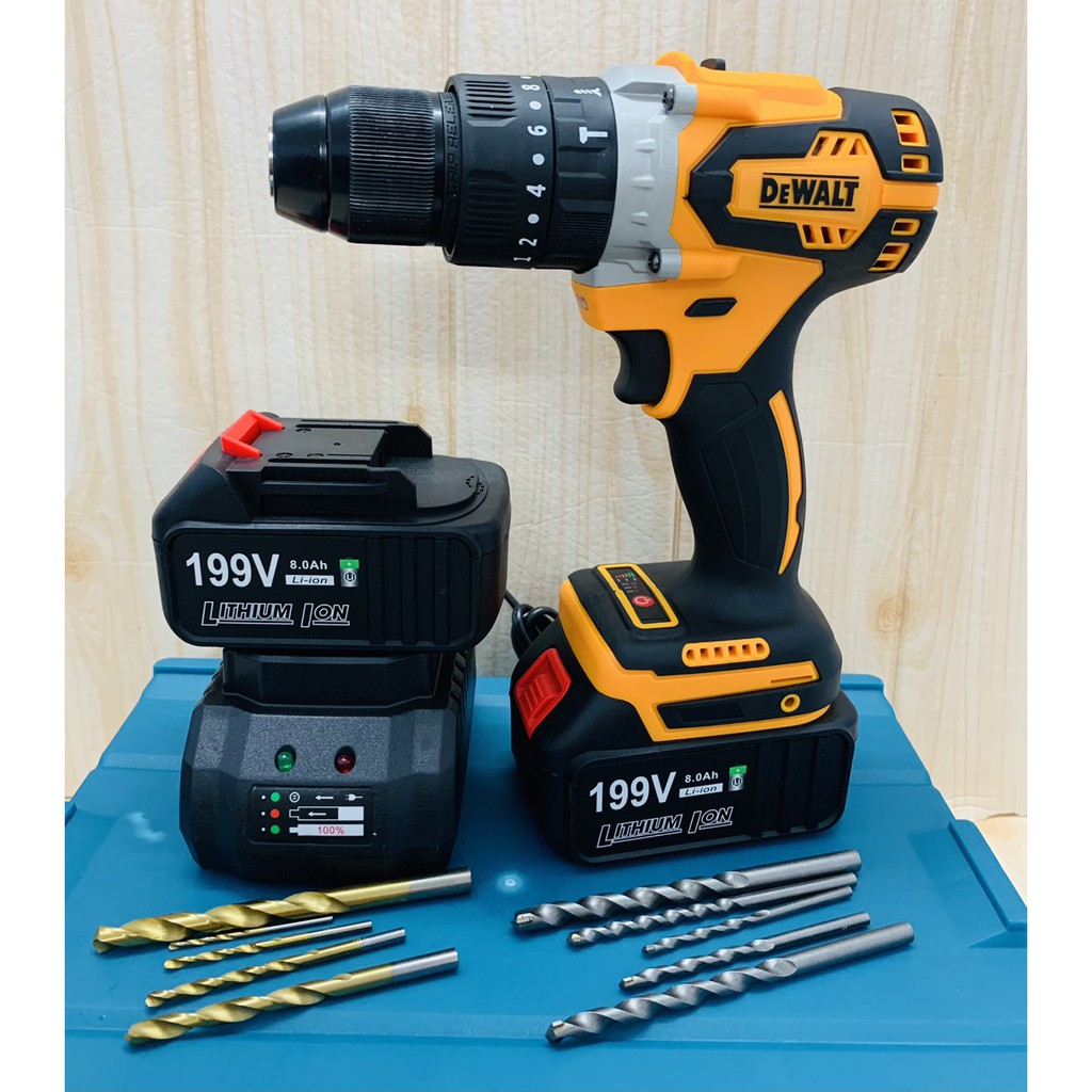 Máy khoan pin 199V Dewalt 3 chức năng có búa - Động cơ không chổi than siêu mạnh mẽ - Tặng kèm 10 mũi khoan cao cấp