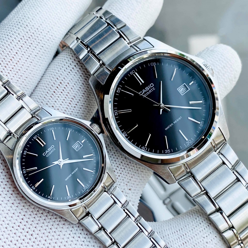 Đồng hồ đôi đẹp dây thép mặt đen Casio 1183A Bảo hành 1 năm Hyma watch