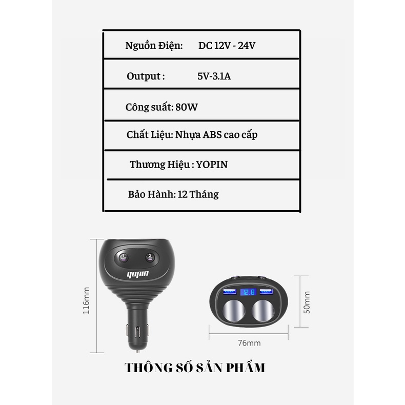 Tẩu Sạc Ô Tô Xe Hơi 2 cổng usb 3.1A chia 2 tẩu 12v - 24v, Tẩu Chia Sạc Ô Tô có đèn led hiển thị điện áp Yopin