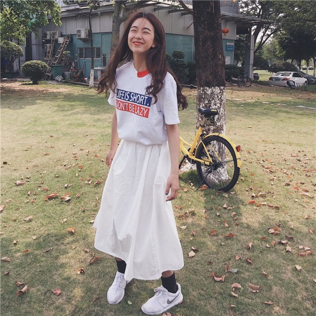 Chân váy midi thô xoè hai lớp trơn màu basic ulzzang style hàng Quảng Châu