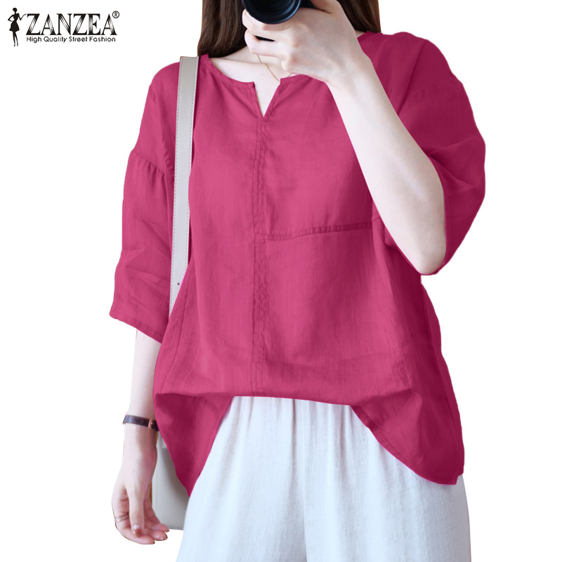 Áo Kiểu ZANZEA Tay Lửng Cổ Tròn Màu Trơn Thời Trang Dành Cho Nữ