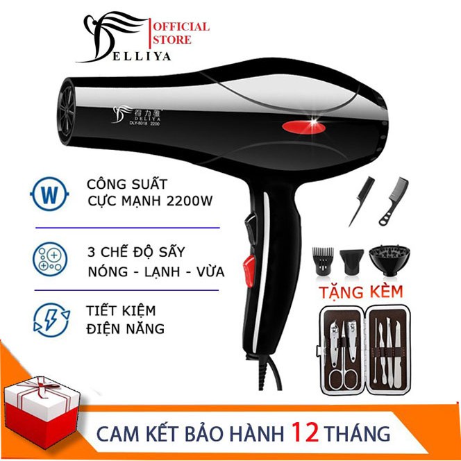 Máy sấy tóc DELIYA công suất lớn 2200W, 2 chiều nóng lạnh tặng kèm 5 món phụ kiện và bộ bấm móng 7 món