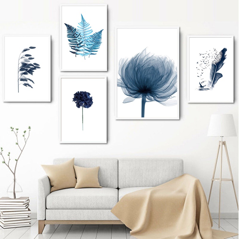 Tranh canvas treo tường hình hoa lá xanh dương / botanical phong cách Bắc Âu tối giản