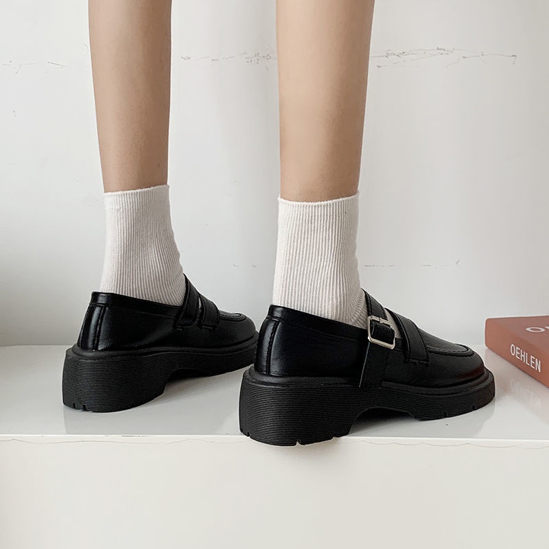 Giày da Mary Jane đế cao dáng ôm chân màu đen phong cách retro Anh Quốc cho nữ N03F