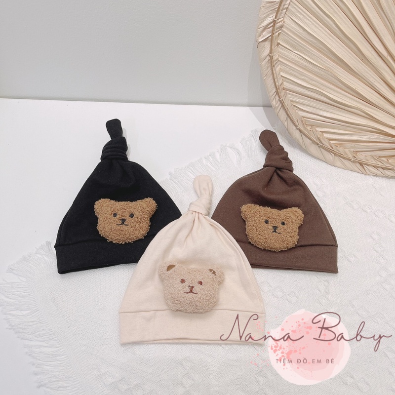 Mũ nón chất cotton thắt nút đính gấu đáng yêu cho bé 0-12m NanaBaby MD63