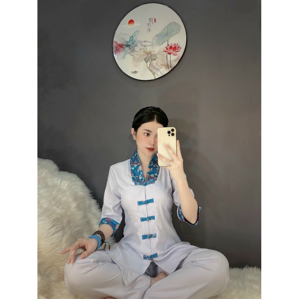 ĐỒ LAM ĐI CHÙA cao cấp #mẫu la hán nữ cách tân vải đũi Hàn dày dặn phối gấm # set phật tử quần áo đi chùa B36