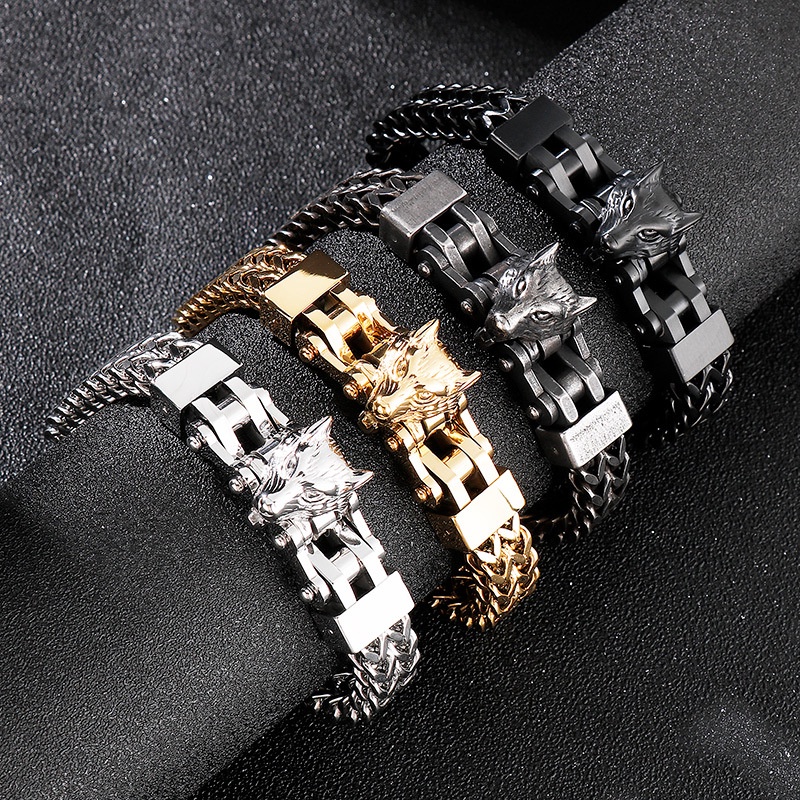 Vòng Tay Dây Xích Thép Mặt Hình Đầu Sói Phong Cách Gothic Thời Trang Cho Nam