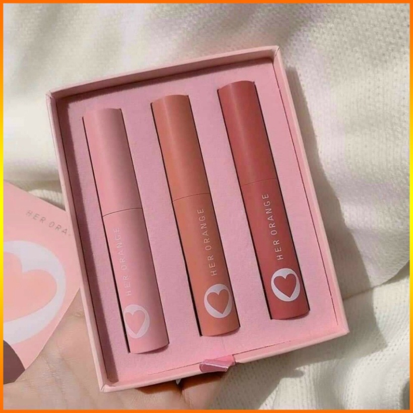 Son kem lì ❤️𝑭𝒓𝒆𝒆𝒔𝒉𝒊𝒑❤️ Set 3 cây son kem lì herorange hộp trái tim hồng siêu cute sang chảnh