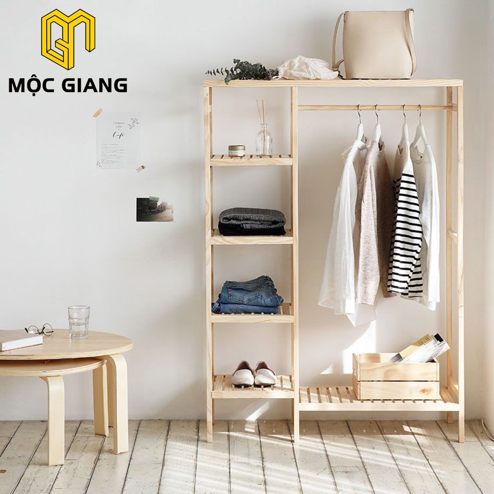 Giá Treo Quần Áo 2 Ngăn Gỗ Thông - Tủ Quần Áo Thông Minh Kiểu Hàn - Double Hanger Mộc Giang