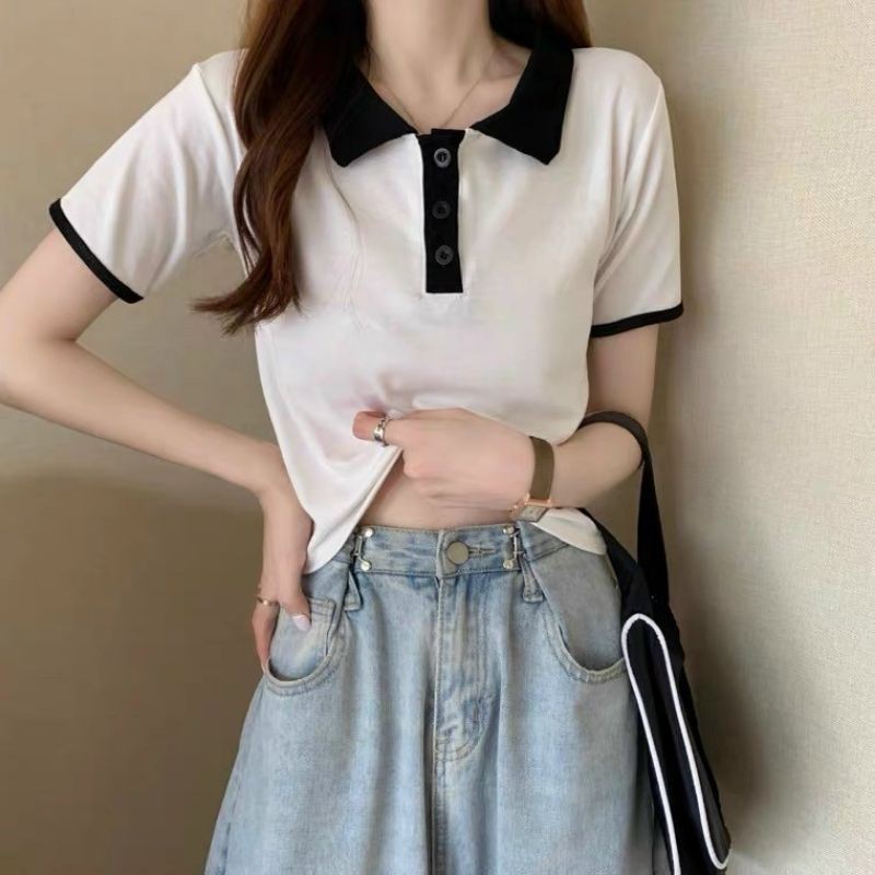 Áo croptop ôm - Áo thun polo phối viền trắng đen - AO053