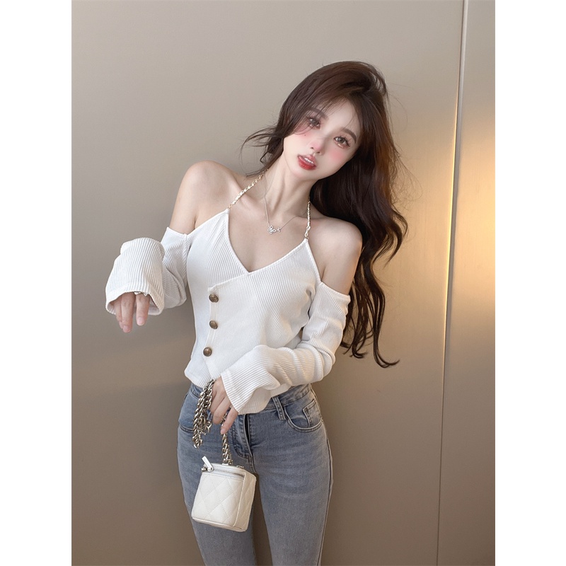 ZHELIHANGFEI Áo Len Tay Dài Cổ Yếm Lưng Cao Kiểu Dáng Sexy