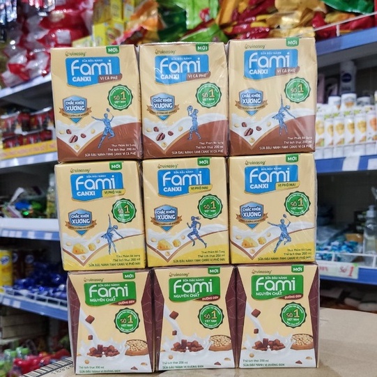 Lốc 6 hộp sữa đậu nành Fami Canxi vị phô mai, cà phê, bạc hà, tàu hũ gừng, Canxi, đường đen 200ml