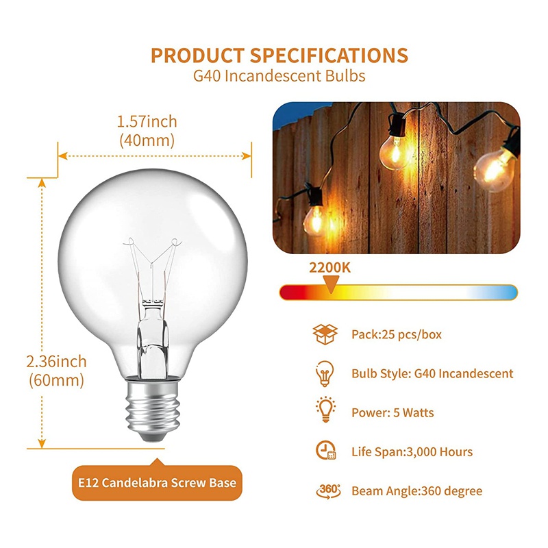 Set 25 Bóng Đèn LED G40 E12 Ánh Sáng Trắng Ấm Dùng Để Trang Trí Nội Thất