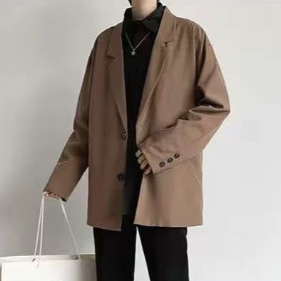 Áo blazer nam oversize , 2 lớp, màu nâu tây phong cách retro phong cách Hàn Quốc - BZ01