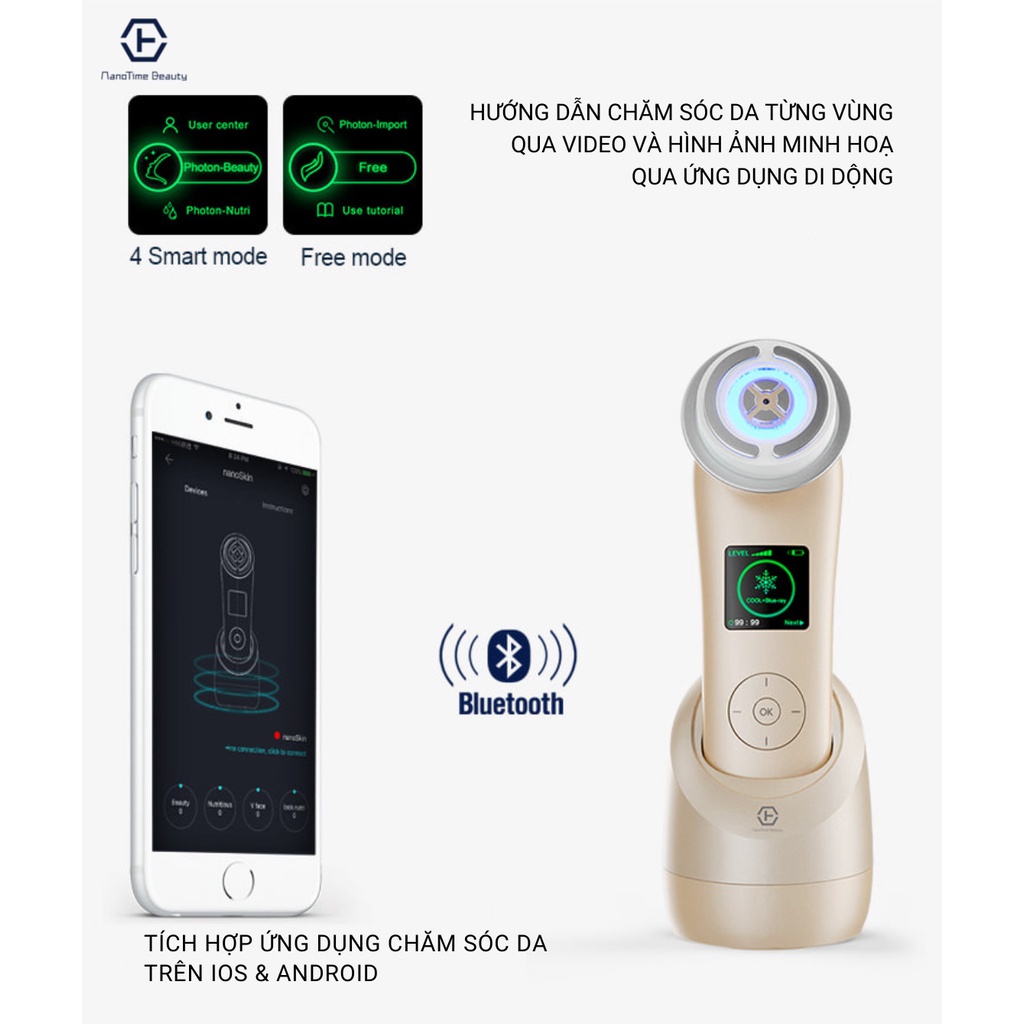 Máy nâng cơ mặt đẩy tinh chất trẻ hóa da Nanotime F81E HT Beauty, máy massage chăm sóc da bằng sóng RF Photon kết nốiapp