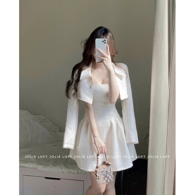 SET ĐẦM ỐNG DẠ TRẮN BỐ+ KHOÁC CROP ĐÍNH NÚT✨