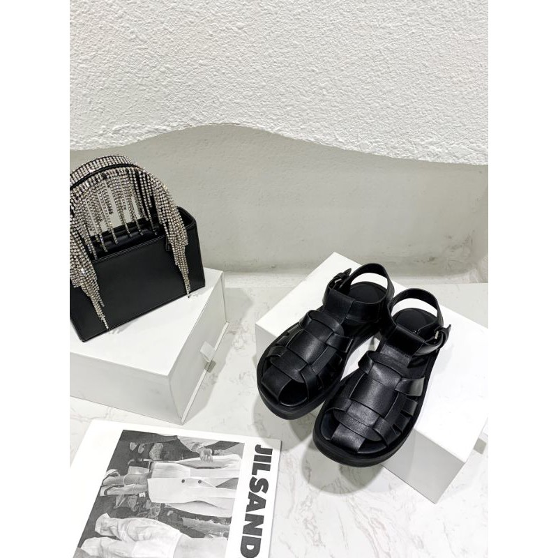 Dép sandal nữ da thật mũi tròn bịt mũi the row