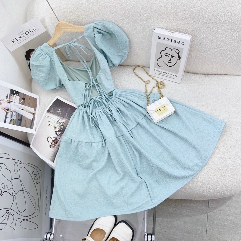 Đầm nữ hotgirl siêu xinh,váy cutout lưng cổ u tay phồng phong cách tiểu thư chanh sả