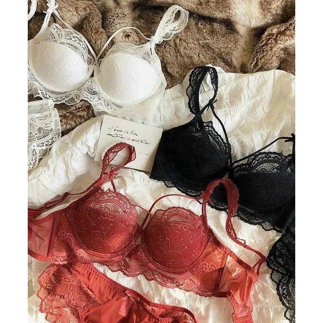 Bộ đồ lót 🍁f̴r̴e̴e̴s̴h̴i̴p̴ 🍁 bộ lót cao cấp  B018 Mand ren nơ dây chéo ko đệm có gọng c156