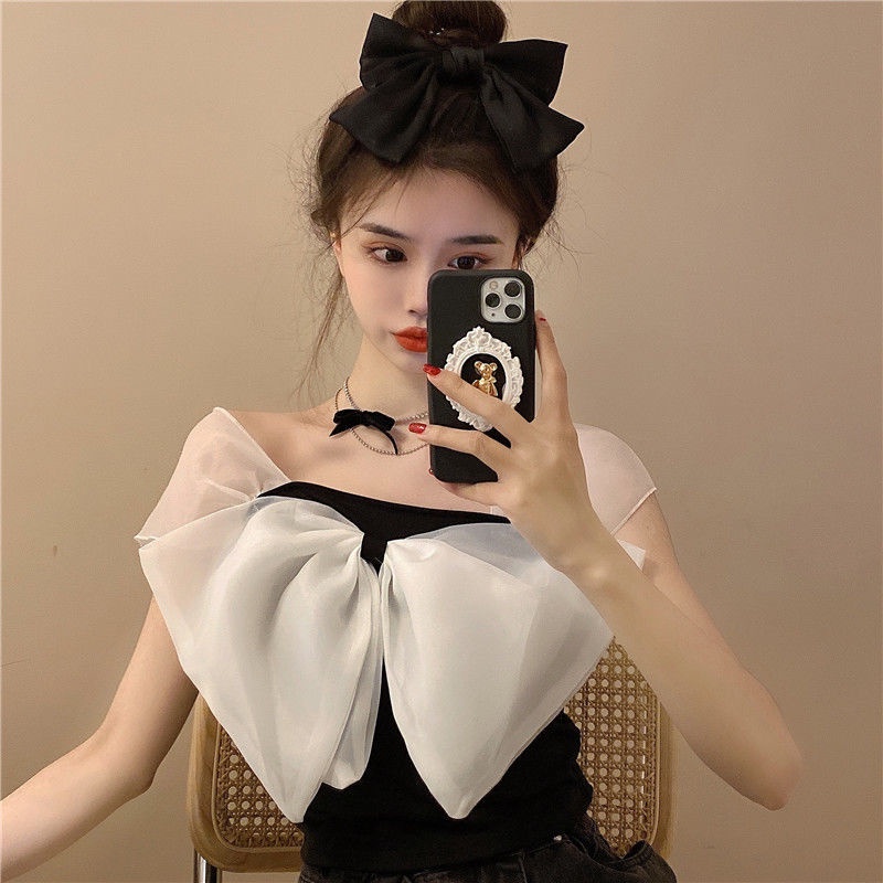 Áo croptop phối lưới đính nơ xinh xắn dành cho nữ 2021