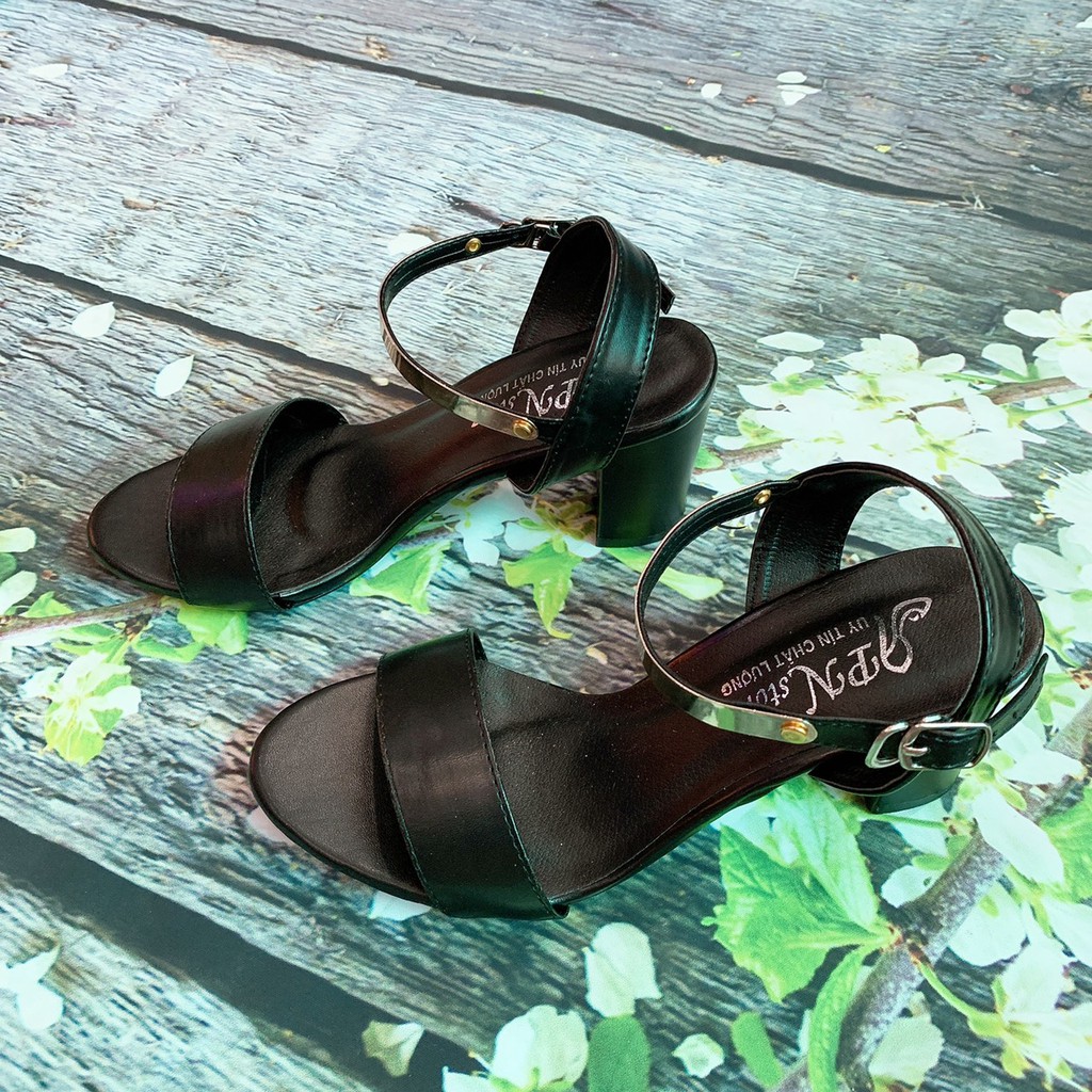 Giày Sandal Cao Gót Vuông 7p Quai Ngang Cổ Phối Đồng Da Mềm
