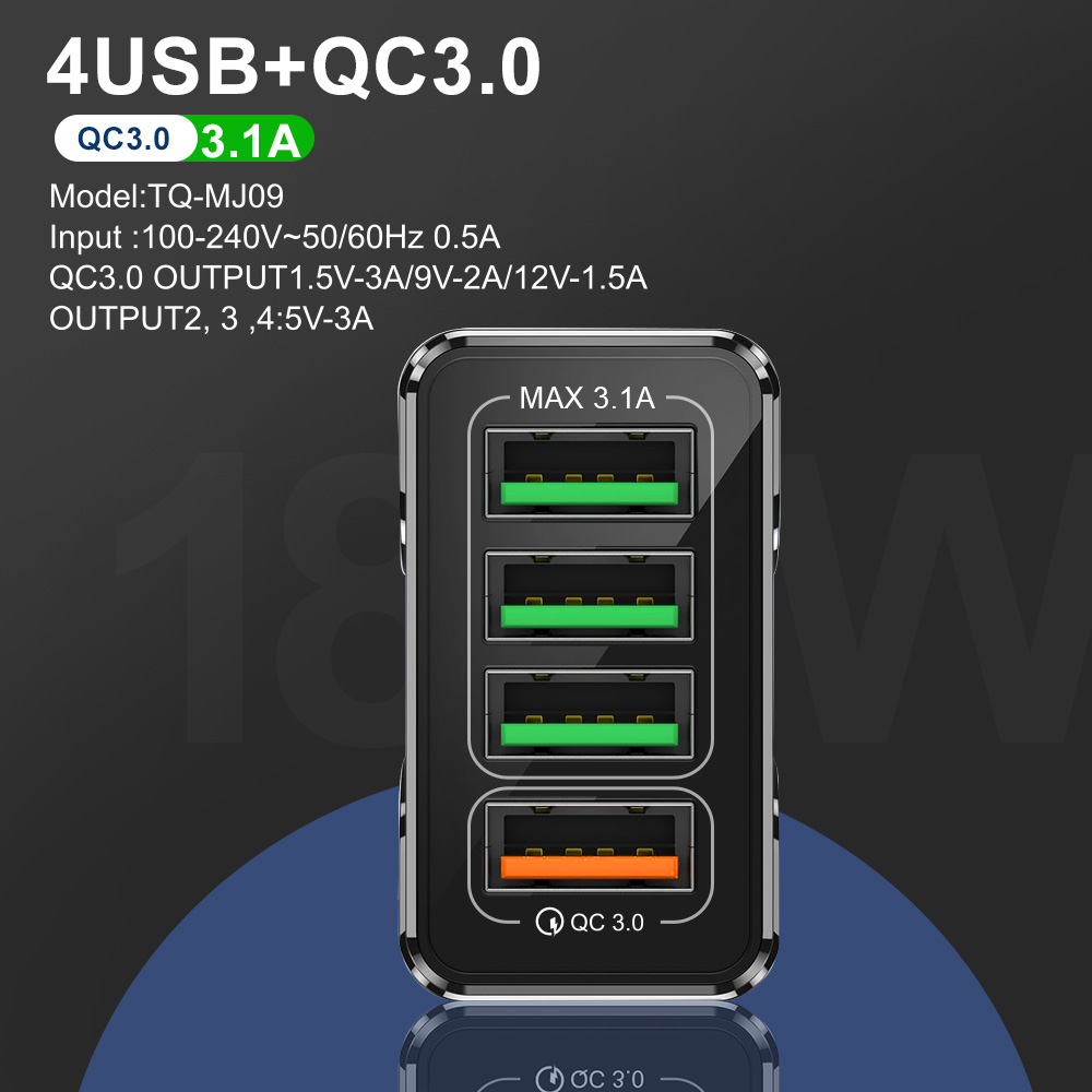 Củ sạc Twitch 18W 4 cổng USB 3a 3.0 dành cho Iphone 11 Xiaomi Samsung
