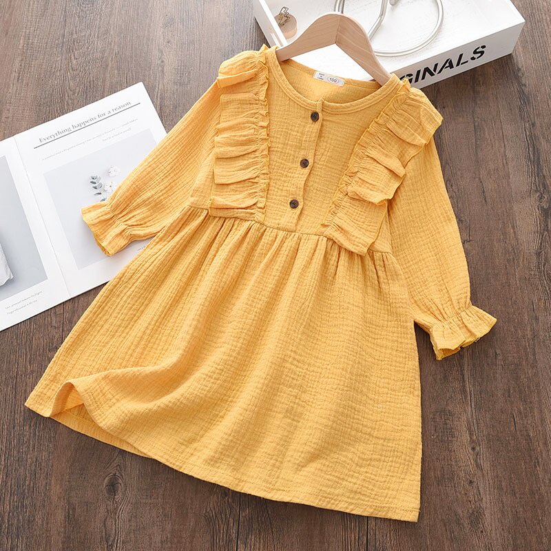 Đầm công chúa BEAR LEADER bằng cotton tay dài màu trơn phong cách xuân thu cho bé gái