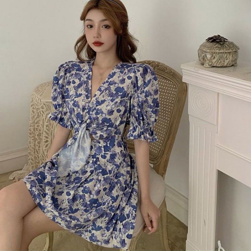 Đầm Nữ Tay Ngắn Cổ Chữ V Ôm Eo Thời Trang Quyến Rũ