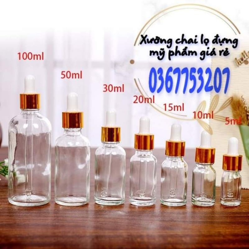 (Rẻ nhất)chai chiết 20ml, 30ml, 50ml, 100ml mỹ phẩm, serum, tinh dầu thủy tinh