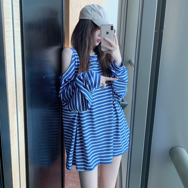Jiashucheng Áo Thun Nữ Dài Tay Cổ Tròn Sọc Ngang Hở Vai Phong Cách Hàn Quốc Mới