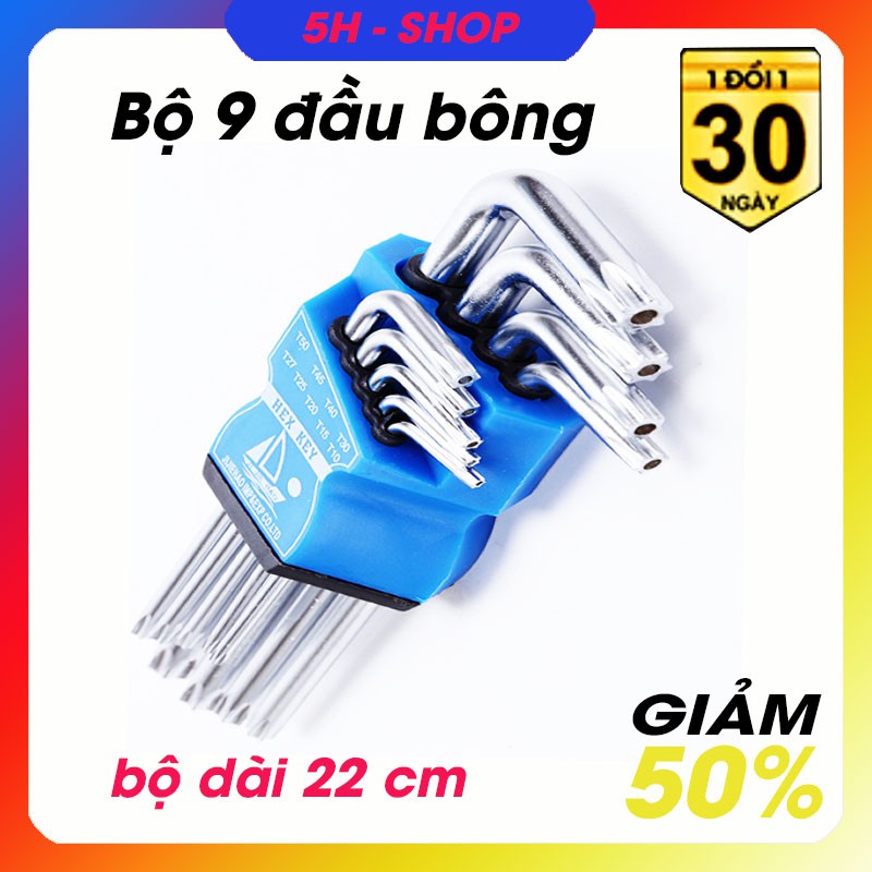 Bộ lục giác 9 cây đầu BÔNG ,2 đầu lục giác từ T10 đến T50 chất liệu thép công nghiệp CRV - mạ crom bền đẹp có video sp.