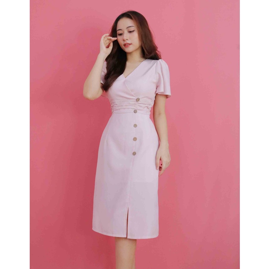Đầm thiết kế công sở chữ a dáng dài thanh lịch cổ v tay ngắn hồng thời trang cao cấp đi làm đi tiệc eo tôn dáng – Lux W