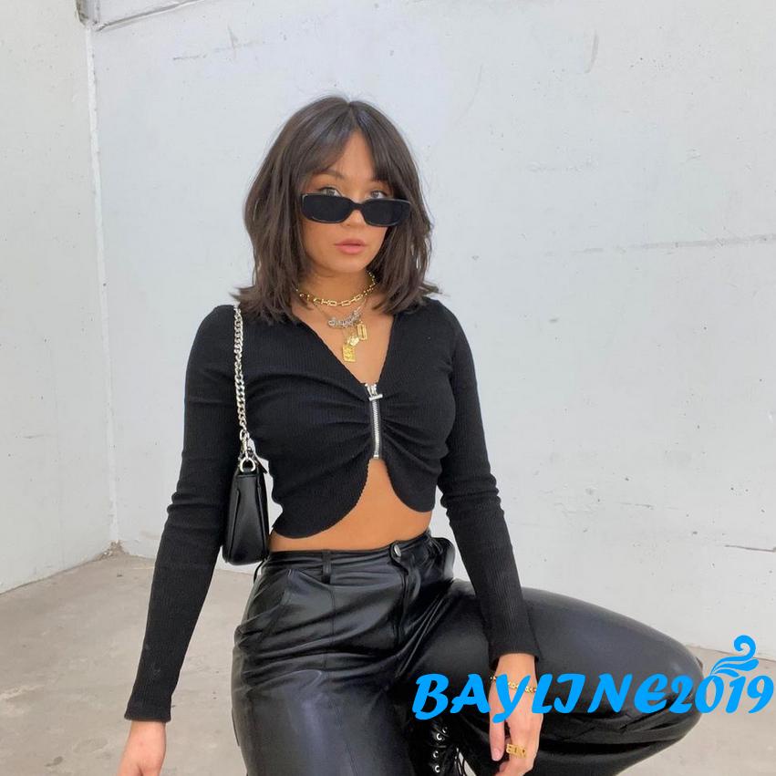 Áo Croptop Tay Dài Cổ Chữ V Màu Sắc Thời Trang Cho Nữ