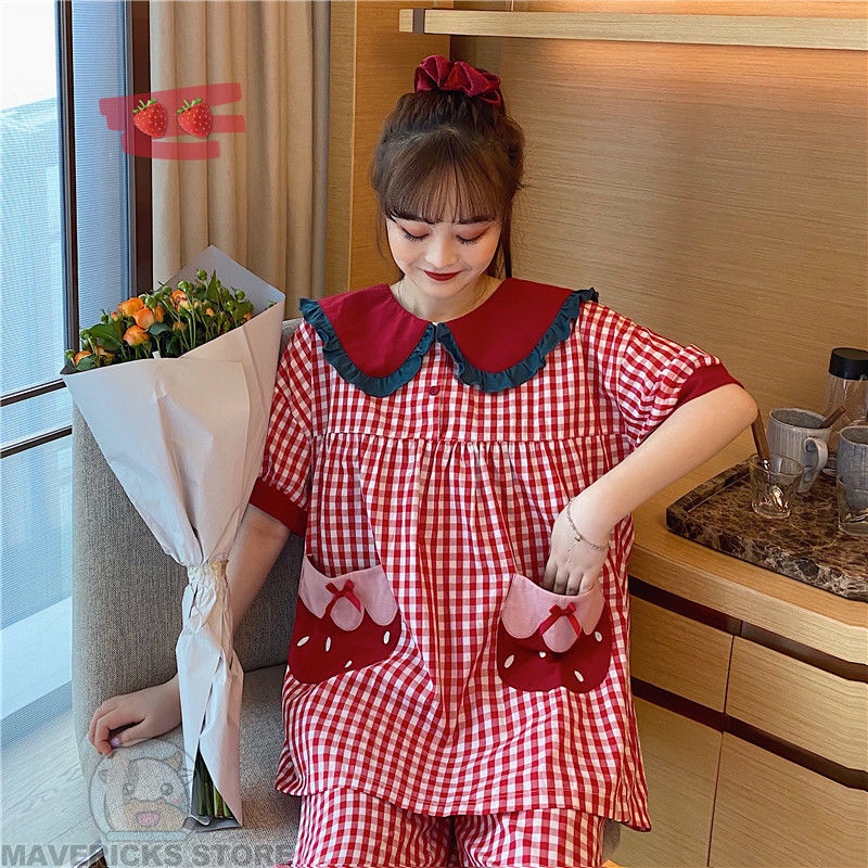 Đồ ngủ cổ búp bê kẻ sọc bằng vải mềm thoải mái kiểu Hàn Quốc cho nữ