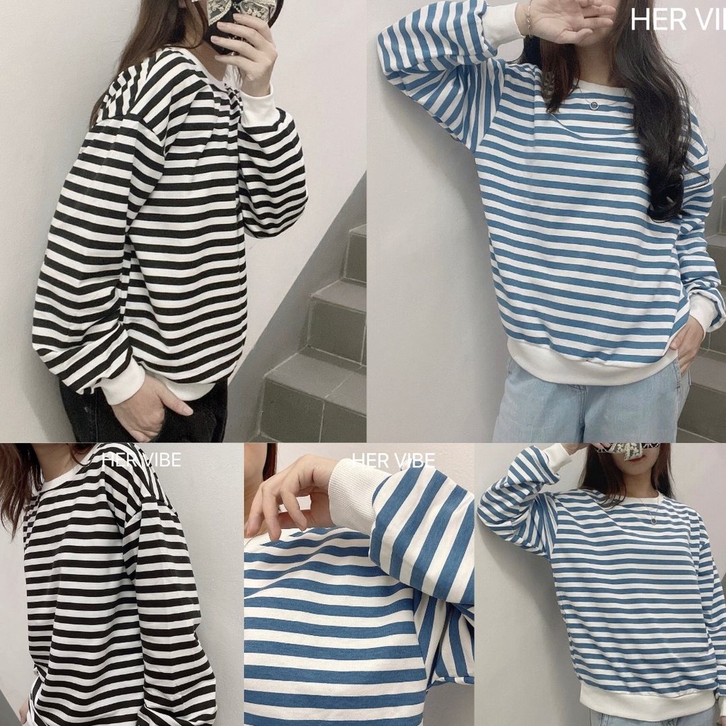Áo hoodie nỉ nữ form rộng unisex kẻ sọc ngang đen và xanh thun dài tay phong cách Hàn Quốc Her Vibe