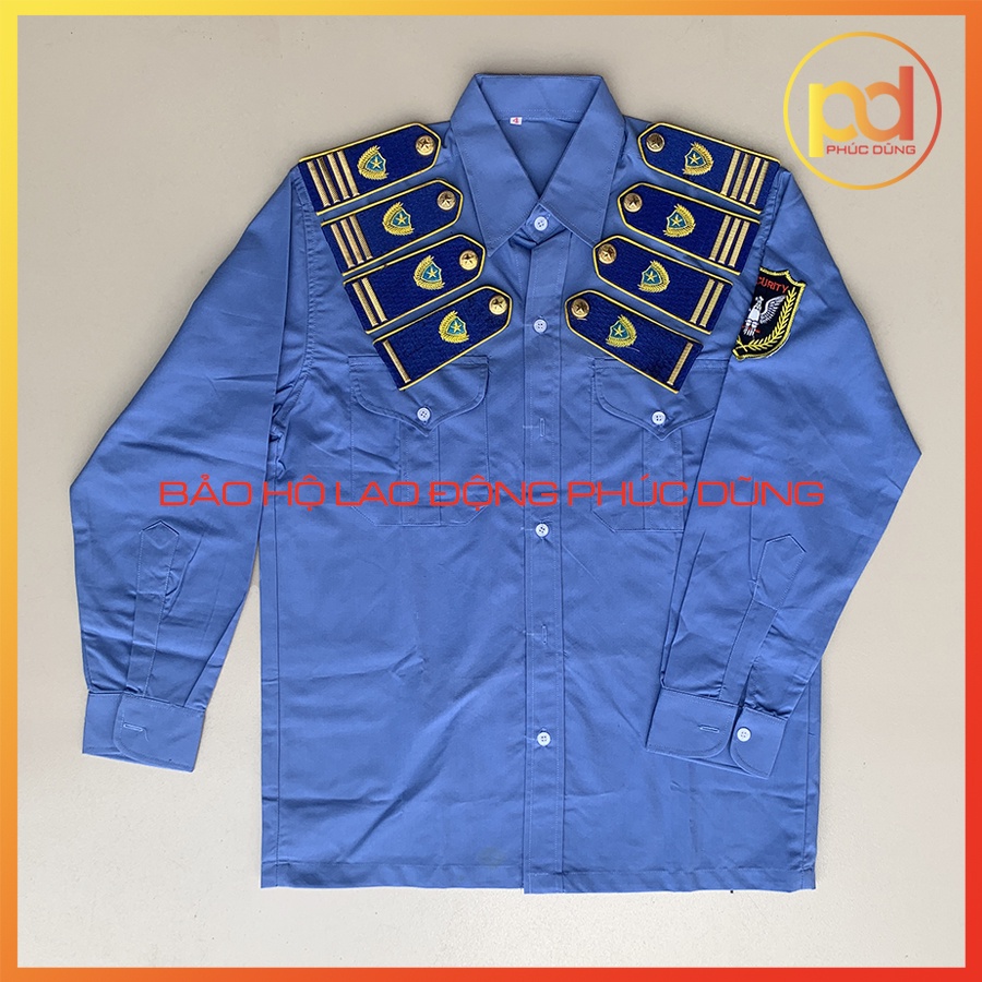Combo Áo đồng phục bảo vệ chuyên nghiệp màu xanh biển dài tay Đi Kèm Cầu Vai Gạch Đồng hông tư 08 thêu sang trọng