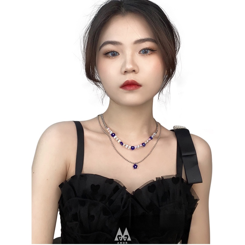 Vòng cổ Nữ Hai Lớp Mặt Hình Bông Hoa Thủy Tinh Màu Xanh Dương