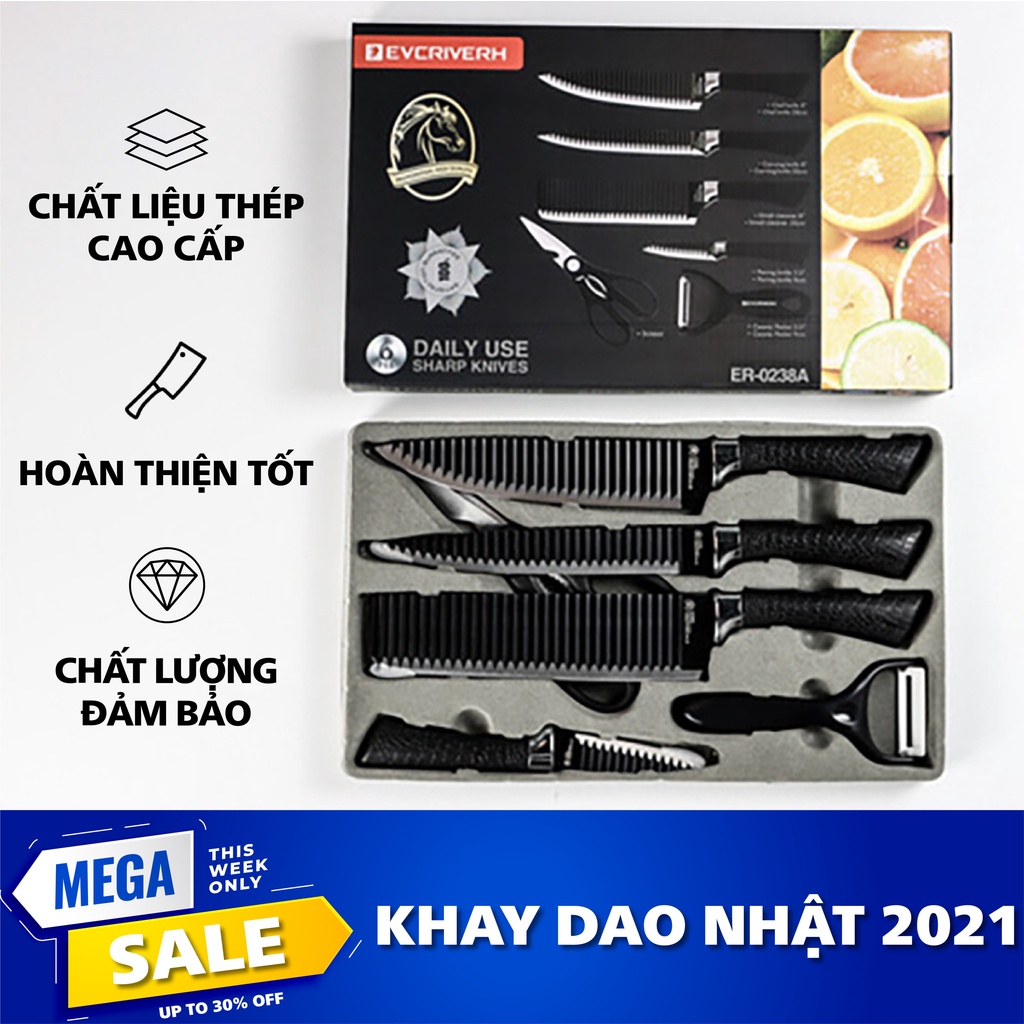 Bộ dao kéo Nhật lưỡi sóng sắc bén, chống gỉ 6 món ( 4 dao, 1 kéo, 1 nạo)