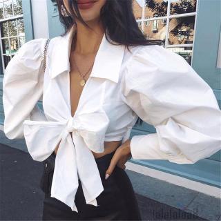 Áo lửng nữ tay dài cổ chữ V thắt nơ phong cách boho thời trang quyến rũ