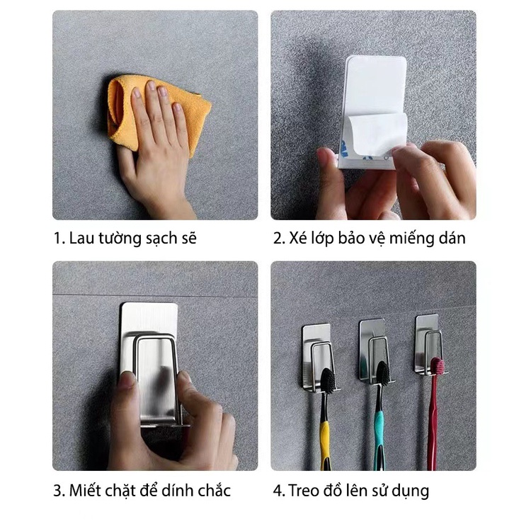 Móc Dán Tường Móc Treo Đồ Bàn Chải Đánh Răng Chất Liệu Inox 304 Chịu Lực Tốt ( FULL BOX )