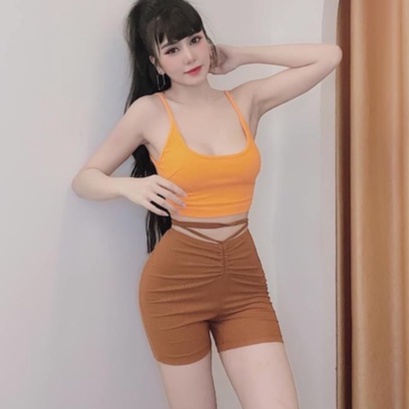 Quần lửng nữ thun gân thể thao kiểu rút dây quấn eo