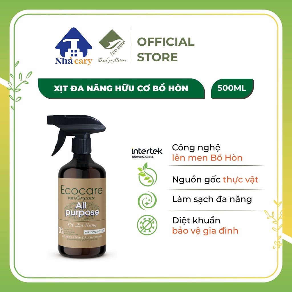 Nước lau đa năng hữu cơ bồ hòn ECOCARE 500ml tinh dầu Sả Chanh tự nhiên, phù hợp tẩy rửa nhiều bề mặt 💓FREESHIP💓