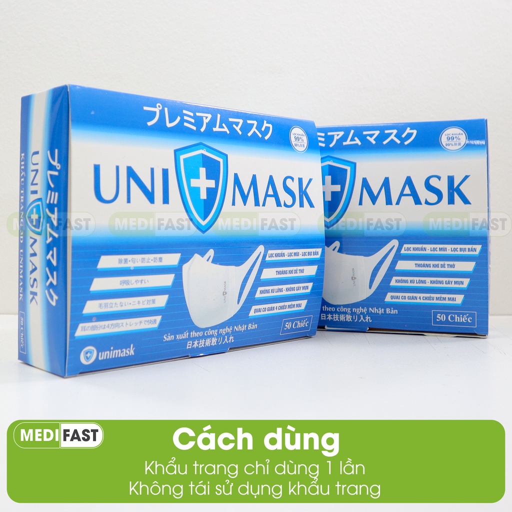 Khẩu Trang 3d Uni mask, chống bụi mịn, công nghệ Nhật Bản form ôm sát mặt - Hộp 50 chiếc chính hãng