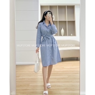 Đầm sơ mi suông tay dài sọc hai màu kèm belt thắt eo Mụp Store Đầm sơ mi sọc
