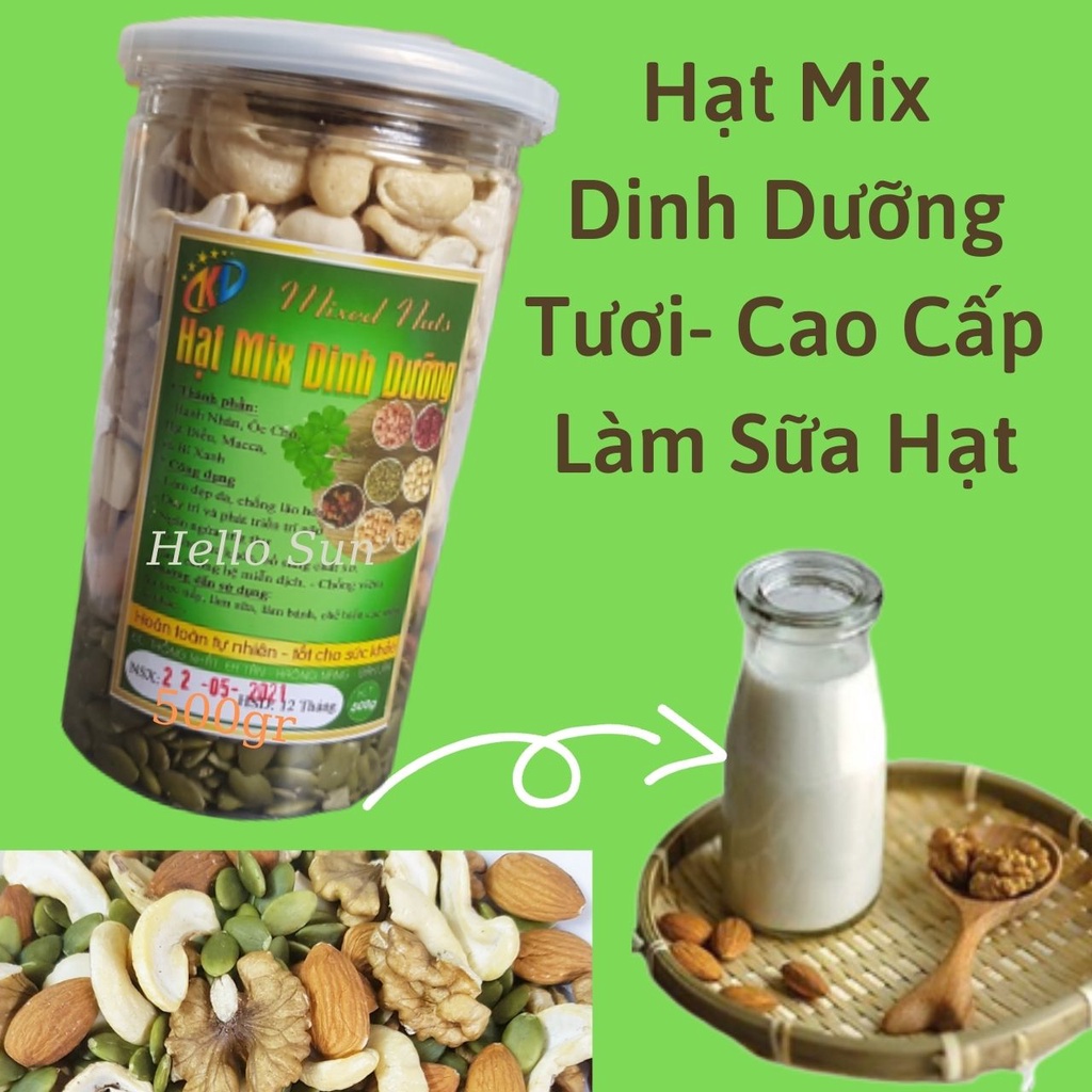 Hạt Mix Dinh Dương Tươi Cao Cấp Làm Sữa Hạt, Hũ 500gr, Gồm 5 Loại Hạt: Hạnh Nhân, Hồ Đào, Macca, Hạt Điều, Bí Xanh.