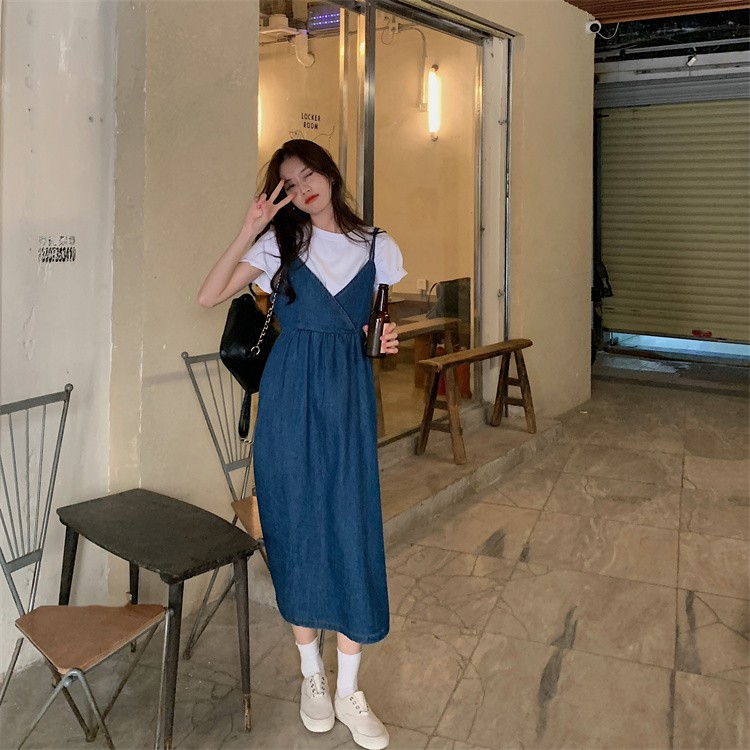 ĐẦM DÂY DÀI NỮ VẢI JEAN CỔ V DÁNG RỘNG ĐẮP NGỰC